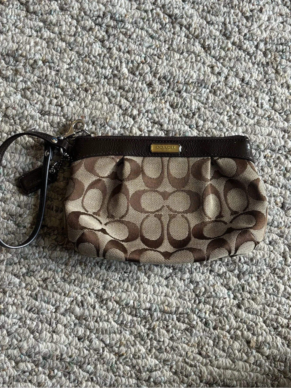 Coach Brown Signature Logo Wristlet with Dark Brown Trim